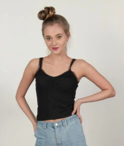 Black Ruched Lace Trim Cami