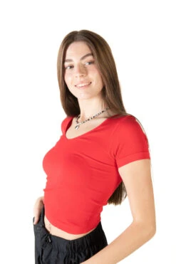 Red Seamless V Neck Tee