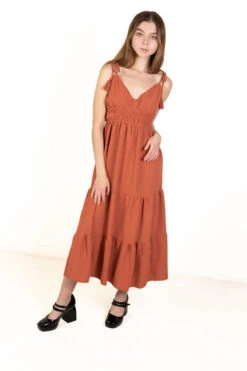 Rust Elastic Empire Waist Maxi Dress