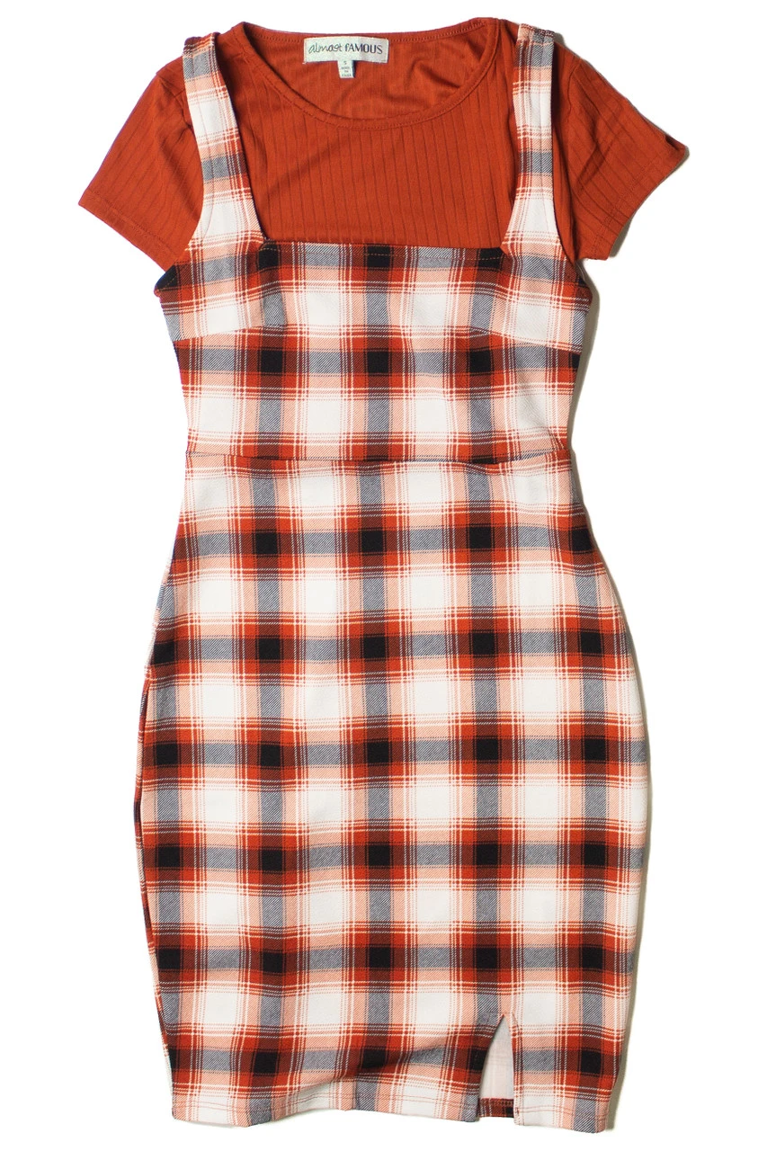 2 Piece Burnt Umber Plaid Mini Dress With Tee 5 2 Piece Burnt Umber Plaid Mini Dress With Tee - Image 5