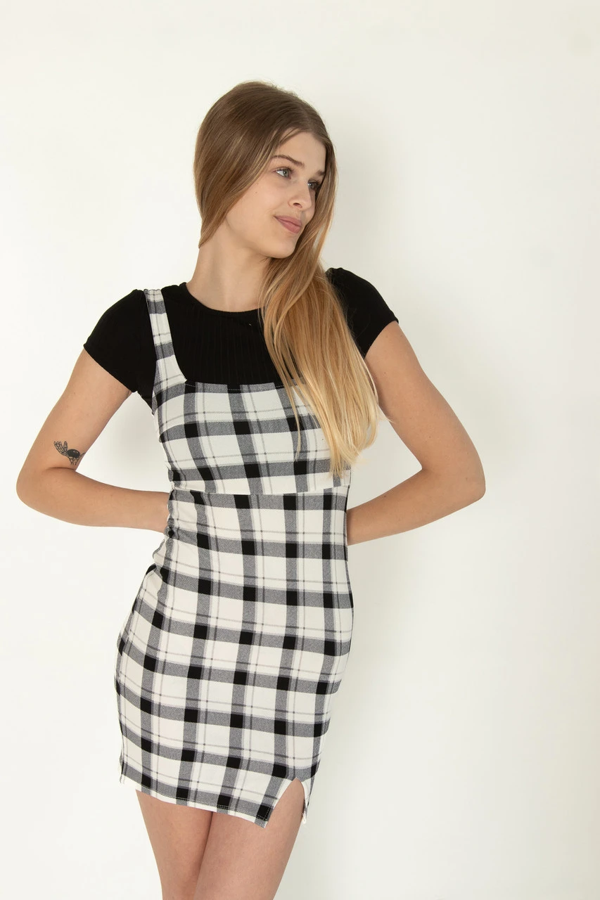 2 Piece Black Plaid Mini Dress With Tee 1 2 Piece Black Plaid Mini Dress With Tee
