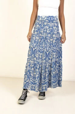 Blue Floral Paisley Ruffle Tiered Maxi Skirt