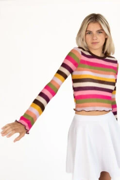 Spring Garden Bell Sleeve Crochet Stripe Sweater