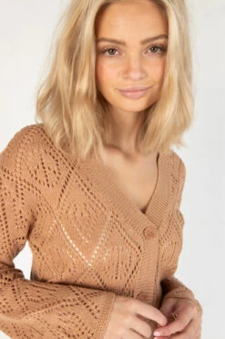 Brown Bell Sleeve Pointelle Cardigan