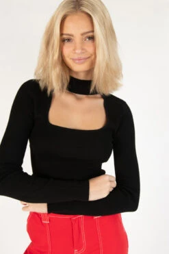 Black Ribbed Mock Neck Cut Out Sweater -Swimsuit Closet Sales Store 176 2413 BlkCutOutSweat 5120 97012.1689265482