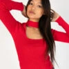Red Ribbed Mock Neck Cut Out Sweater