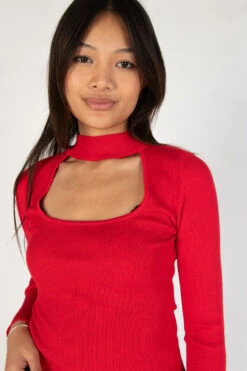 Red Ribbed Mock Neck Cut Out Sweater -Swimsuit Closet Sales Store 176 2416 RedSweatCU 4613 66000.1689265655