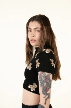 Black Short Sleeve Teddy Bear Sweater