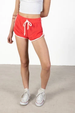 Red Terry Drawstring Dolphin Shorts
