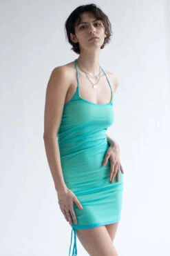 Aqua Mesh Halter Mini Dress