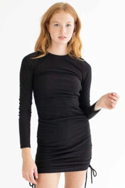 Black Brushed Ruched Sides Ribbed Dress