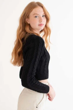 Black Cable Knit Cropped Sweater
