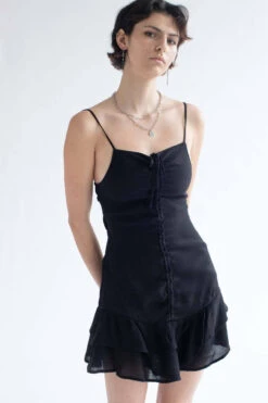 Black Crepe Ruched Front Party Dress