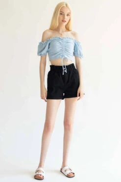 Black Cuffed Paper Bag Waist Denim Shorts -Swimsuit Closet Sales Store black cuffed paperbag waist denim shorts 1 1 61877.1692387582