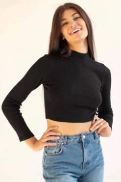 Black Mock Neck Cropped Sweater