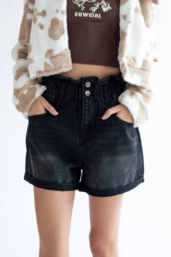 Black Paperbag Waist Denim Shorts