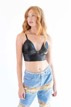 Black Pleather Zip Up Bralette