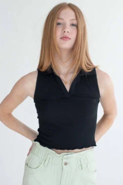 Black Ribbed Sleeveless Polo