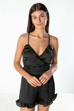 Black Ruffle Trim Cami Romper