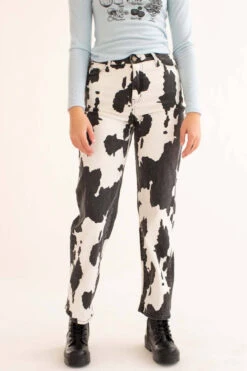 Black Washed Cow Print Stretch Denim Jeans