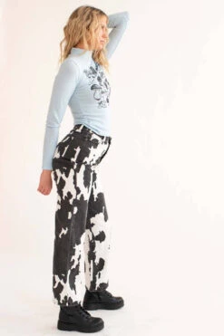 Black Washed Cow Print Stretch Denim Jeans -Swimsuit Closet Sales Store black washed cow print stretch denim jeans 4 85942.1666805854