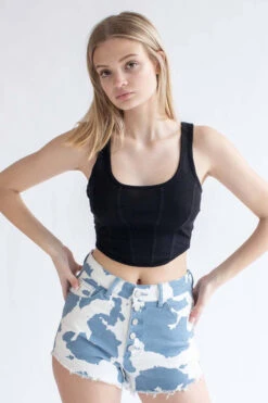 Blue Cow Print Denim Shorts