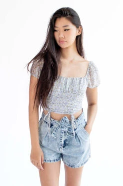Blue Floral Milkmaid Cinched Cropped Top