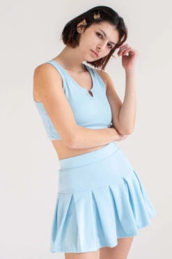 Summer Blue Notched Neck Tank & Pleated Skirt Set