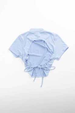 Blue Open Tie Back Mock Neck Tee