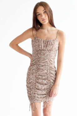 Brown Floral Cinched Front Milkmaid Dress