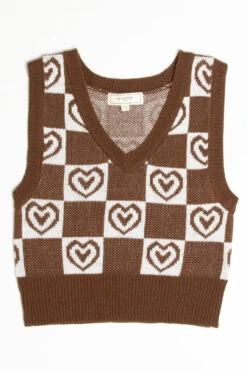Chocolate Checkered Hearts Sweater Vest -Swimsuit Closet Sales Store brown hearts checkered sweater vest 1 32763.1692388875