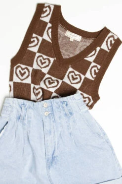 Chocolate Checkered Hearts Sweater Vest -Swimsuit Closet Sales Store brown hearts checkered sweater vest 2 48037.1692388875