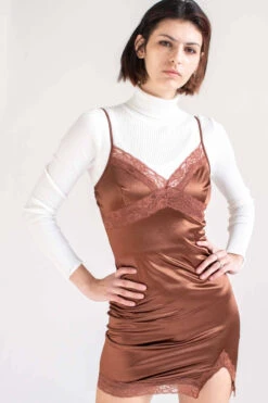 Brown Lace Trim Slip Dress