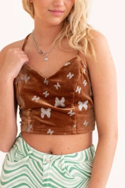 Brown Sparkle Butterfly Cropped Top