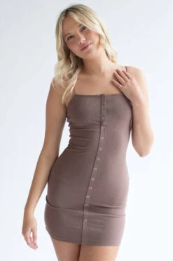 Cocoa Snap Front Ribbed Mini Dress