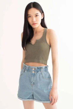 Cuffed Paper Bag Waist Denim Shorts