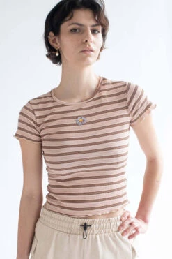 Daisy Embroidered Mocha Striped Tee