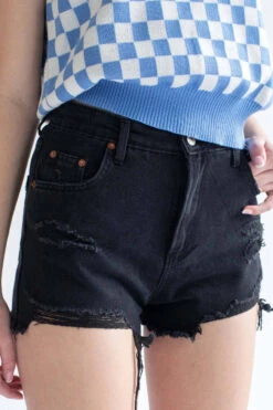 Black High Waisted Distressed Denim Shorts 2