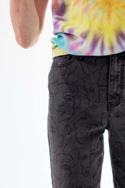 Black Abstract Face Print Jeans -Swimsuit Closet Sales Store embroidered faces jeans black sample 3 23887.1666807148