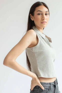 Grey Ribbed Sleeveless Polo