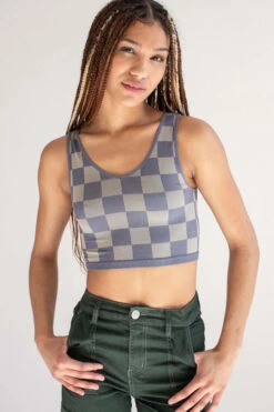 Hazy Blue Checkered Seamless Crop Tank