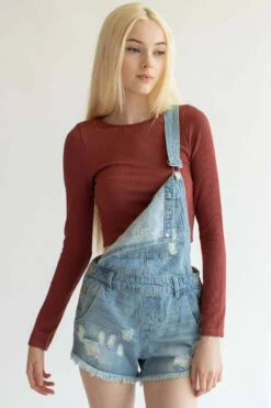 Light Wash Distressed Overall Shorts