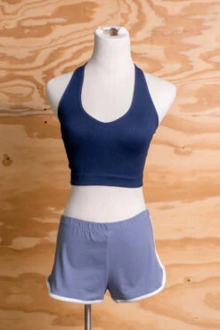 Navy Blue Seamless Deep V Halter Neck