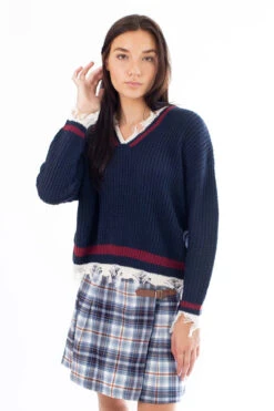 Navy Distressed Varsity Pullover