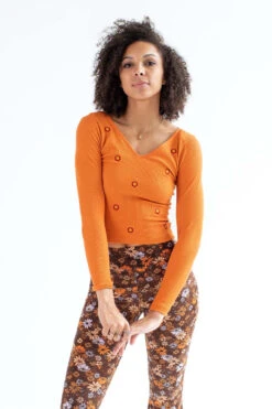Orange Floral Embroidered Seamless V-Neck Shirt