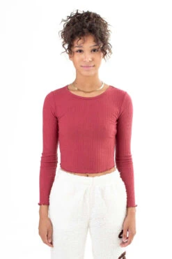 Red Double Ribbed Long Sleeve Crop Top
