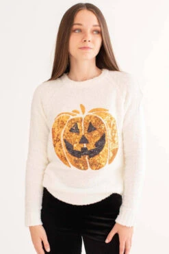 Sequin Jack-O-Lantern Chenille Sweater