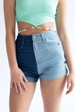 Split Color Blocked Denim Shorts