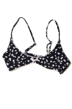 Black & White Floral Lace Trim Bikini Top