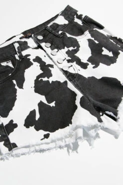 Black Cow Print Denim Shorts